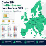 Carte SIM multi-réseaux pour traceur GPS Trackeo compatible dans 42 pays d’Europe avec formats Mini SIM, Micro SIM et Nano SIM découpables.