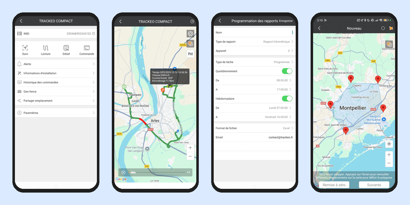 Application mobile Trackeo - Suivi GPS temps réel, historique trajets, rapports et zones de sécurité