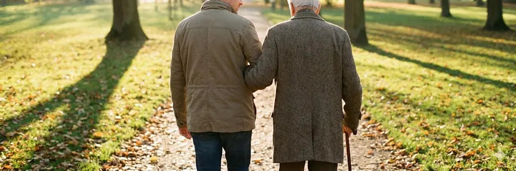 Un homme d'âge mûr marche bras dessus bras dessous avec son père âgé utilisant une canne dans un parc ensoleillé, illustrant l'accompagnement et la tranquillité d'esprit offerts par les solutions de géolocalisation pour seniors.