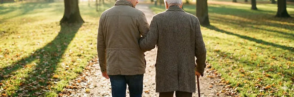 Un homme d'âge mûr marche bras dessus bras dessous avec son père âgé utilisant une canne dans un parc ensoleillé, illustrant l'accompagnement et la tranquillité d'esprit offerts par les solutions de géolocalisation pour seniors.