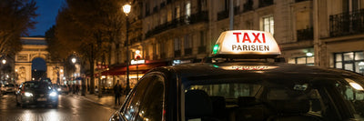 Taxi parisien de nuit avec enseigne lumineuse, circulant dans une rue de Paris près de l’Arc de Triomphe, pour illustrer un guide sur les traceurs GPS taxi et VTC.