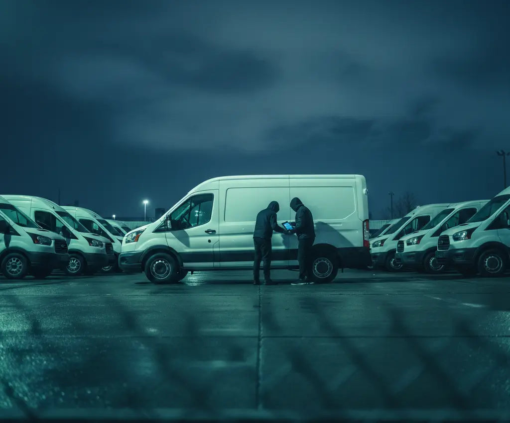 Deux individus suspects devant une flotte d'utilitaires blancs garés dans un parking de nuit — illustration du risque de vol pour les véhicules professionnels