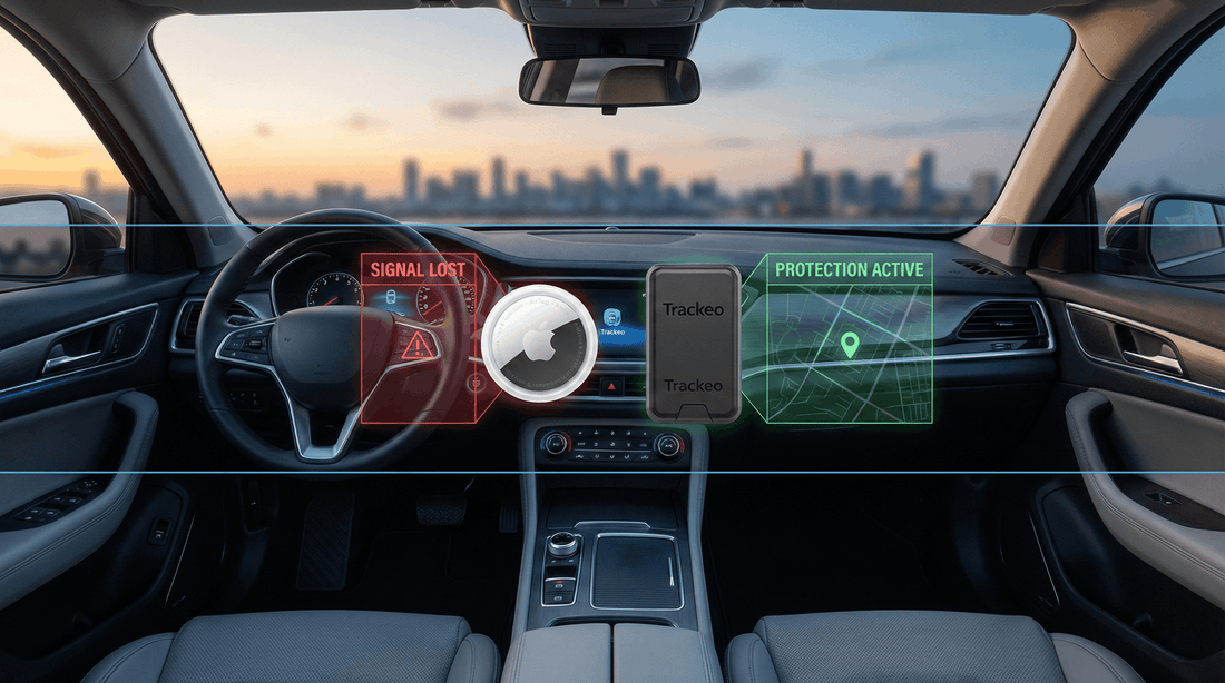 Comparatif visuel efficacité AirTag et traceur GPS voiture Trackeo.
