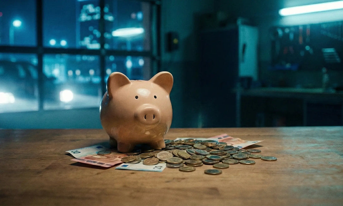 Tirelire cochon et pièces sur établi garage sombre.