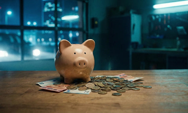 Tirelire cochon et pièces sur établi garage sombre.