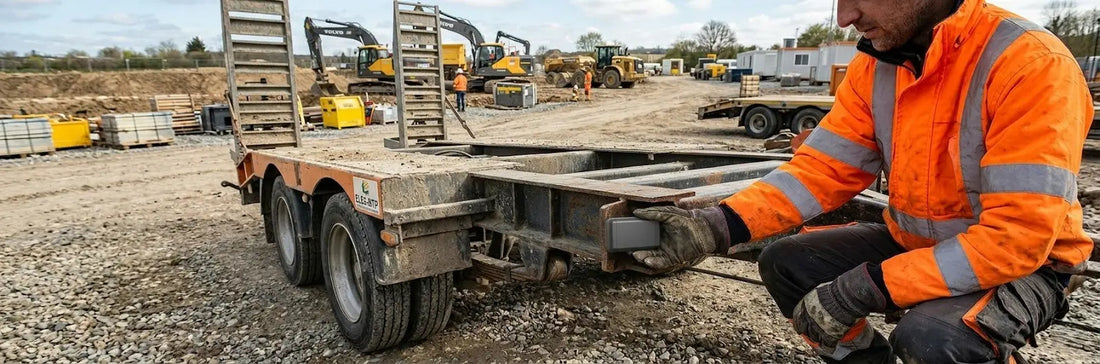 Traceur GPS Trackeo Max fixé sous le châssis d'une remorque porte-engins sur un chantier BTP