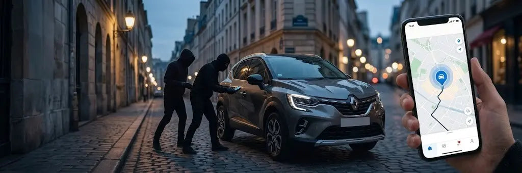 Traceur GPS voiture Trackeo magnétique posé sous un véhicule pour géolocalisation sans abonnement