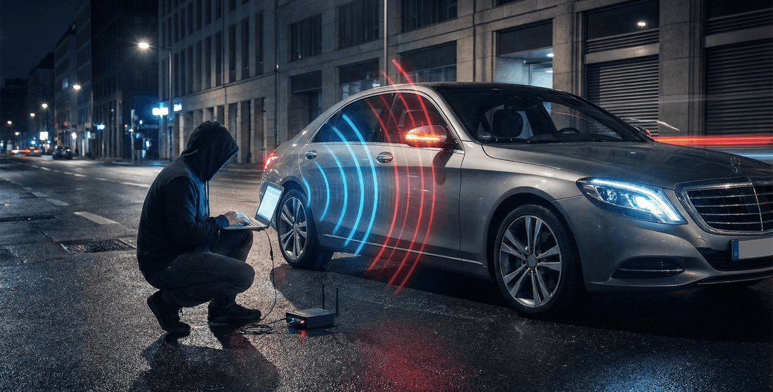 Illustration nocturne d'un vol de voiture par mouse jacking (piratage de signal).