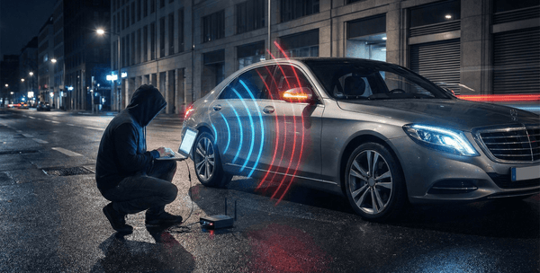 Illustration nocturne d'un vol de voiture par mouse jacking (piratage de signal).