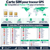 Carte SIM IoT multi-réseaux pour traceur GPS : 4 réseaux en France (Orange, SFR, Bouygues, Free), 100 Mo/mois, couverture France + 76 destinations, formats Mini, Micro et Nano.