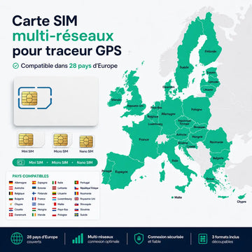 Carte SIM multi-réseaux pour traceur GPS Trackeo compatible dans 28 pays d’Europe avec formats Mini SIM, Micro SIM et Nano SIM découpables.