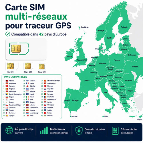 Carte SIM multi-réseaux pour traceur GPS Trackeo compatible dans 42 pays d’Europe avec formats Mini SIM, Micro SIM et Nano SIM découpables.
