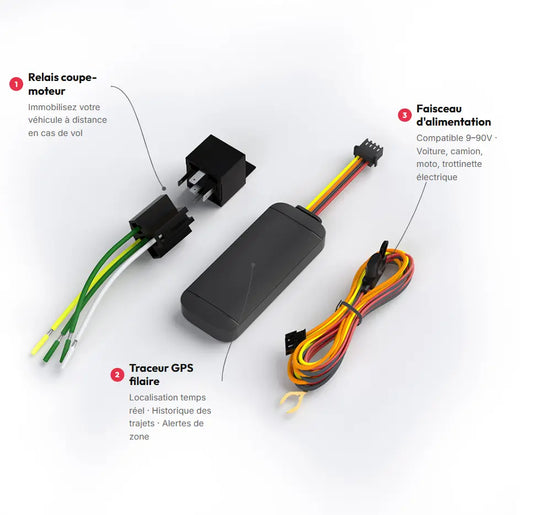 Kit traceur GPS filaire complet avec relais coupure moteur, faisceau de câbles et connecteur - accessoires installation véhicule