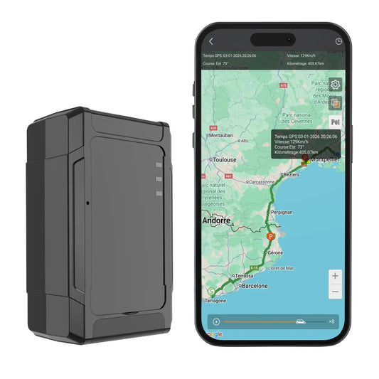 Traceur GPS autonome avec application smartphone affichant la localisation en temps réel et historique des trajets