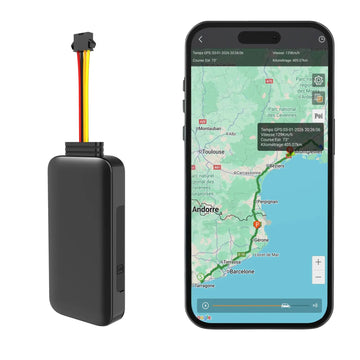 Traceur GPS filaire avec application smartphone affichant la localisation en temps réel et historique des trajets