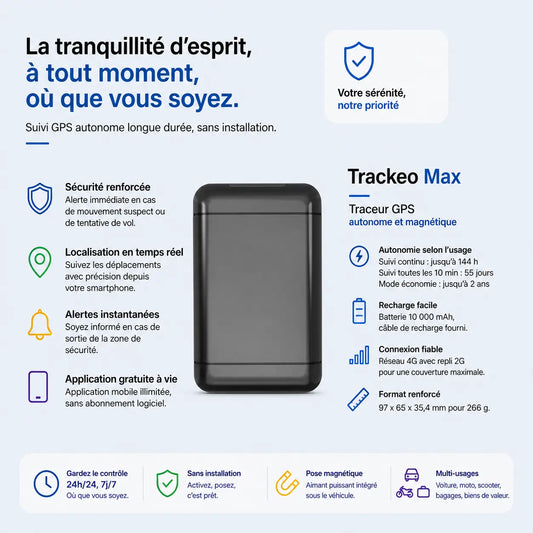 Trackeo Max, traceur GPS longue durée avec batterie 10000 mAh et jusqu'à 2 ans d'autonomie, sans abonnement logiciel