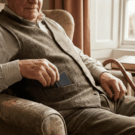 Traceur GPS glissé dans la poche d'un senior - localisation personne âgée et sécurité famille