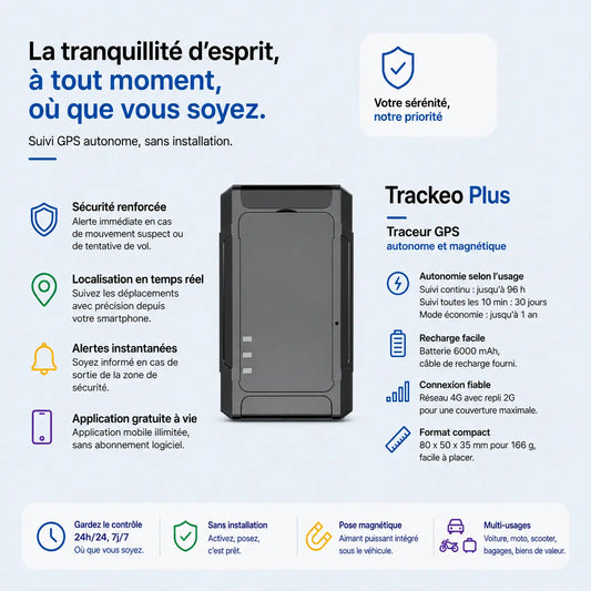 Trackeo Plus, traceur GPS autonome magnétique avec 1 an d'autonomie en mode économie, sans abonnement logiciel