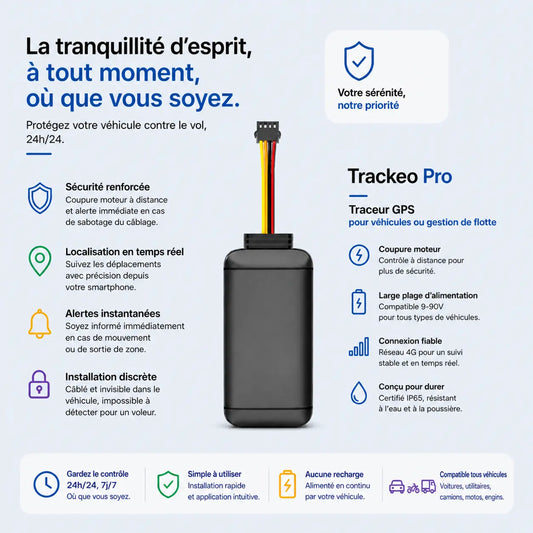 Trackeo Pro, traceur GPS filaire avec coupure moteur à distance, alerte sabotage du câblage et certification IP65