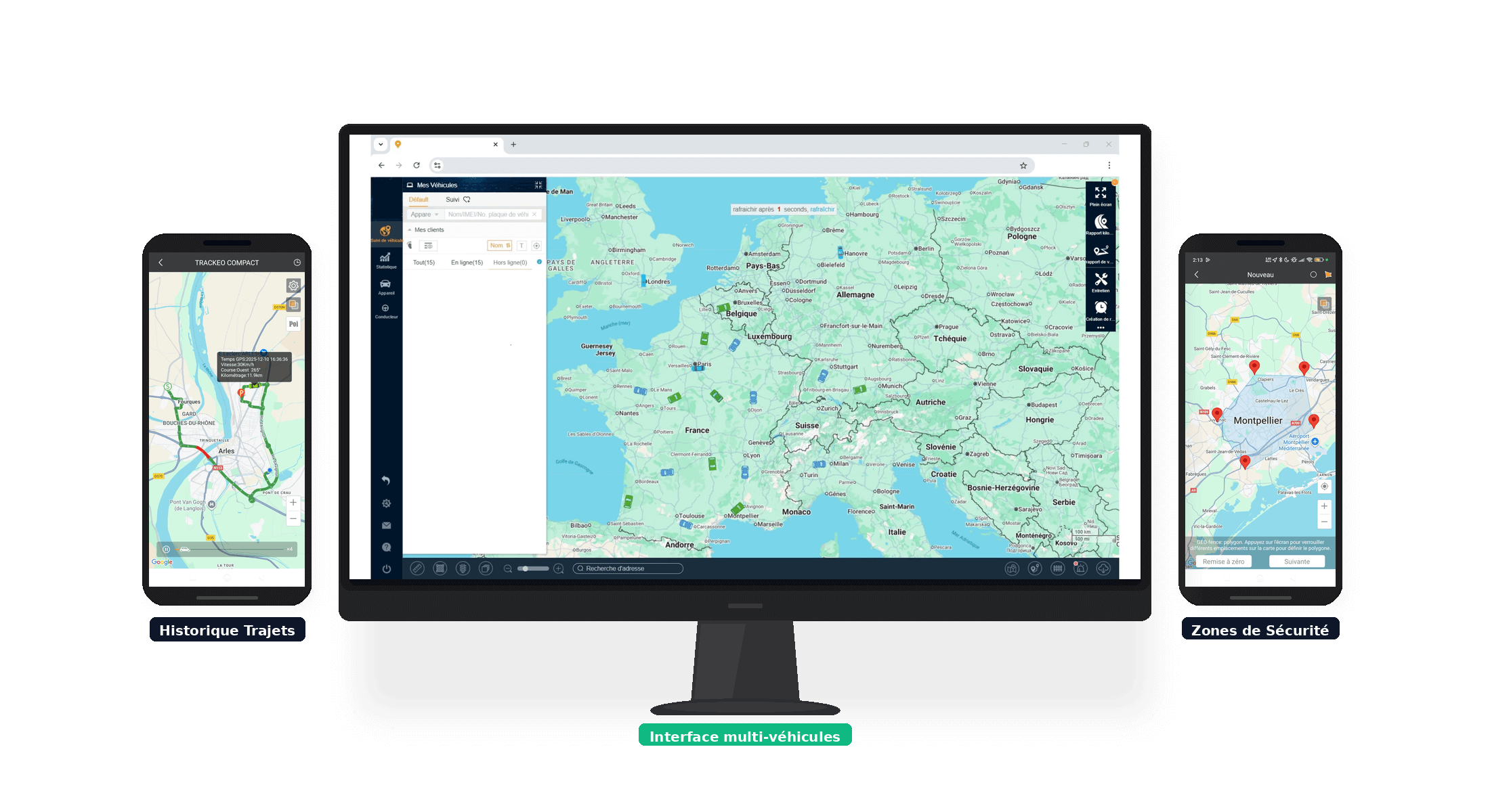 Interface logiciel gestion de flotte GPS sans abonnement, dashboard multi-véhicules